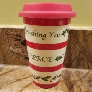 Lenox Holiday Ceramic Christmas Wishing You Peace Tumbler Travel Mug Cup Lid Red
